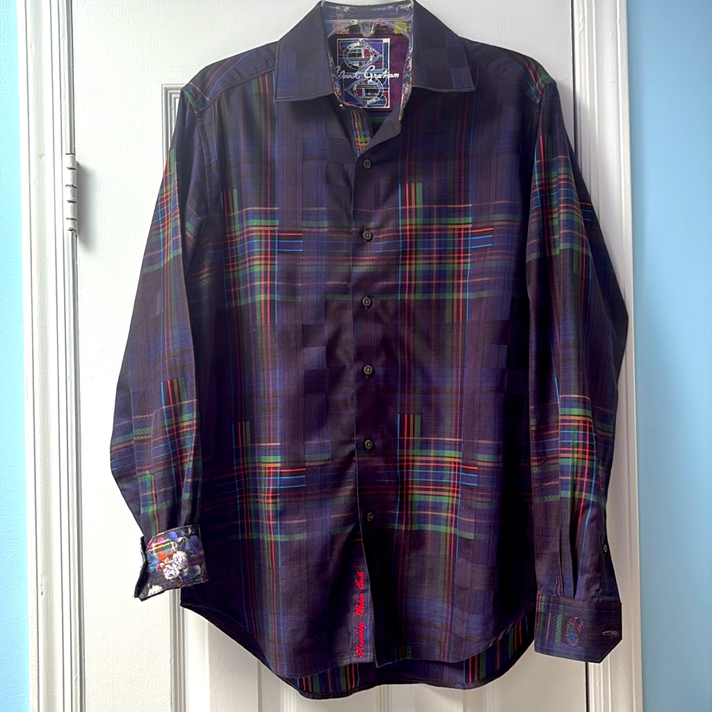 New Robert Graham Men’s Buttons Up Classic Fit Plaid Flip Cuff Floral Rose Shirt